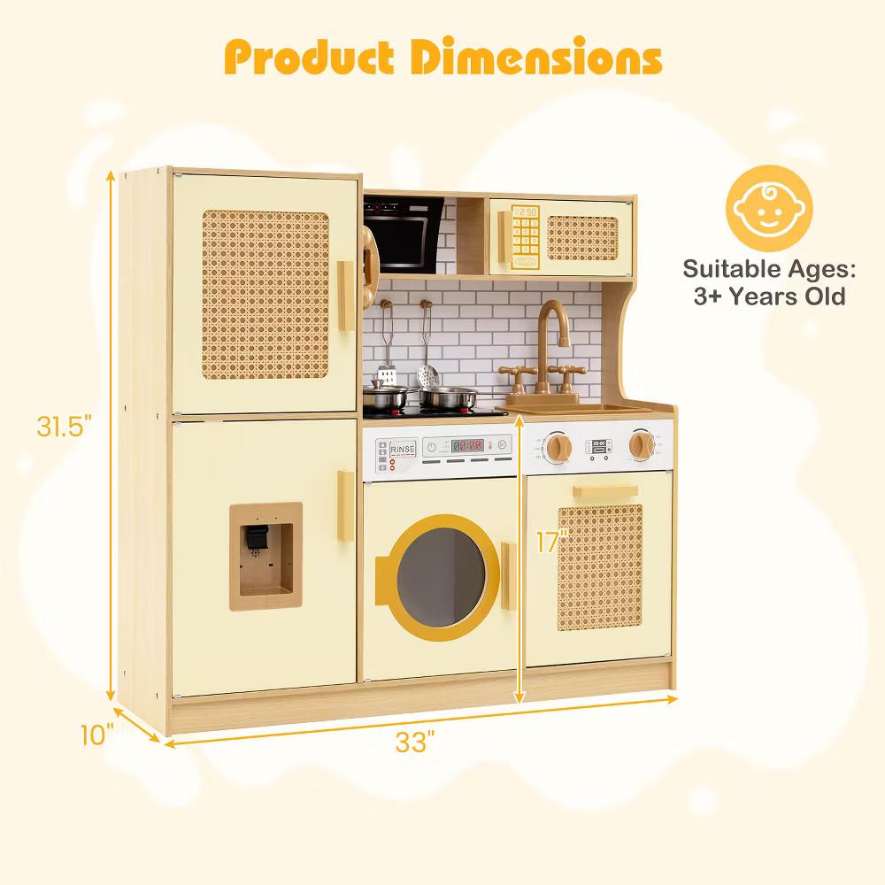 Wooden Kids Kitchen Playset Pretend Play Kitchen with Real Sounds Lights Pink/Yellow - Image 20