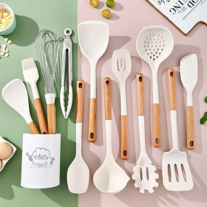 13-Piece Silicone Kitchen Utensils Set, Cooking Utensils with Wooden Handles, Heat Resistant Nonstick Gadgets with Storage Bucket