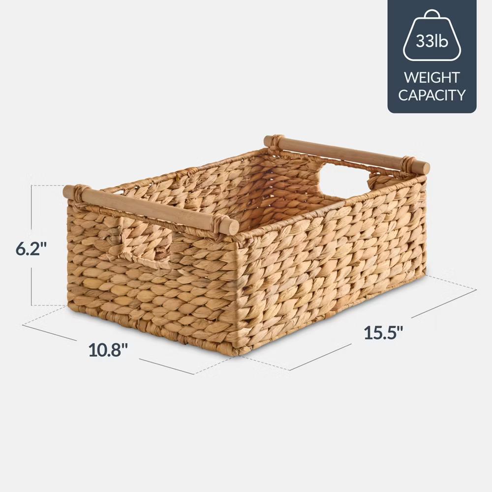 Wicker Storage Basket, Shelf Basket w/ Wooden Handles, Rectangular Storage Bin - Natural - Image 14
