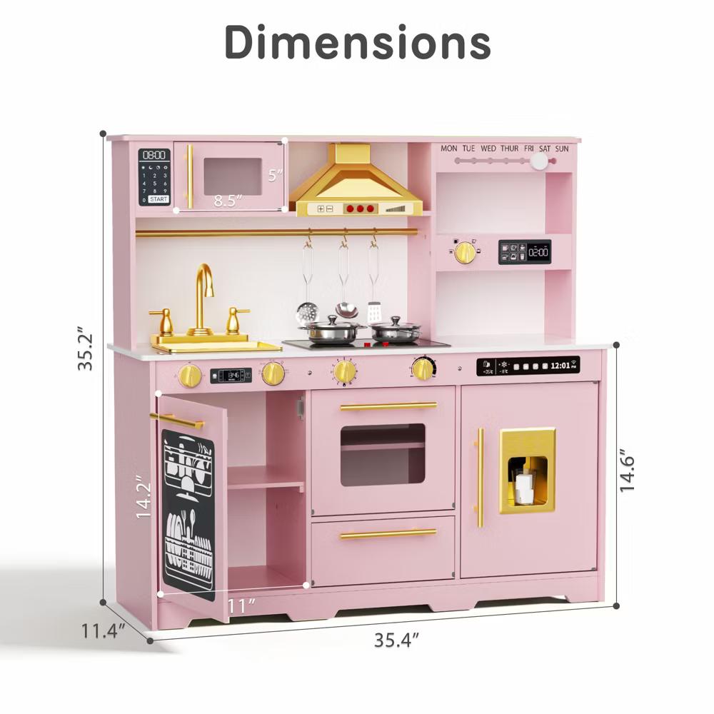 Wooden Play Kitchen for Kids with Running Water Sink, Interactive Stove, Ice Maker, Microwave, Oven & Dishwasher, Ages 3+ - Image 57