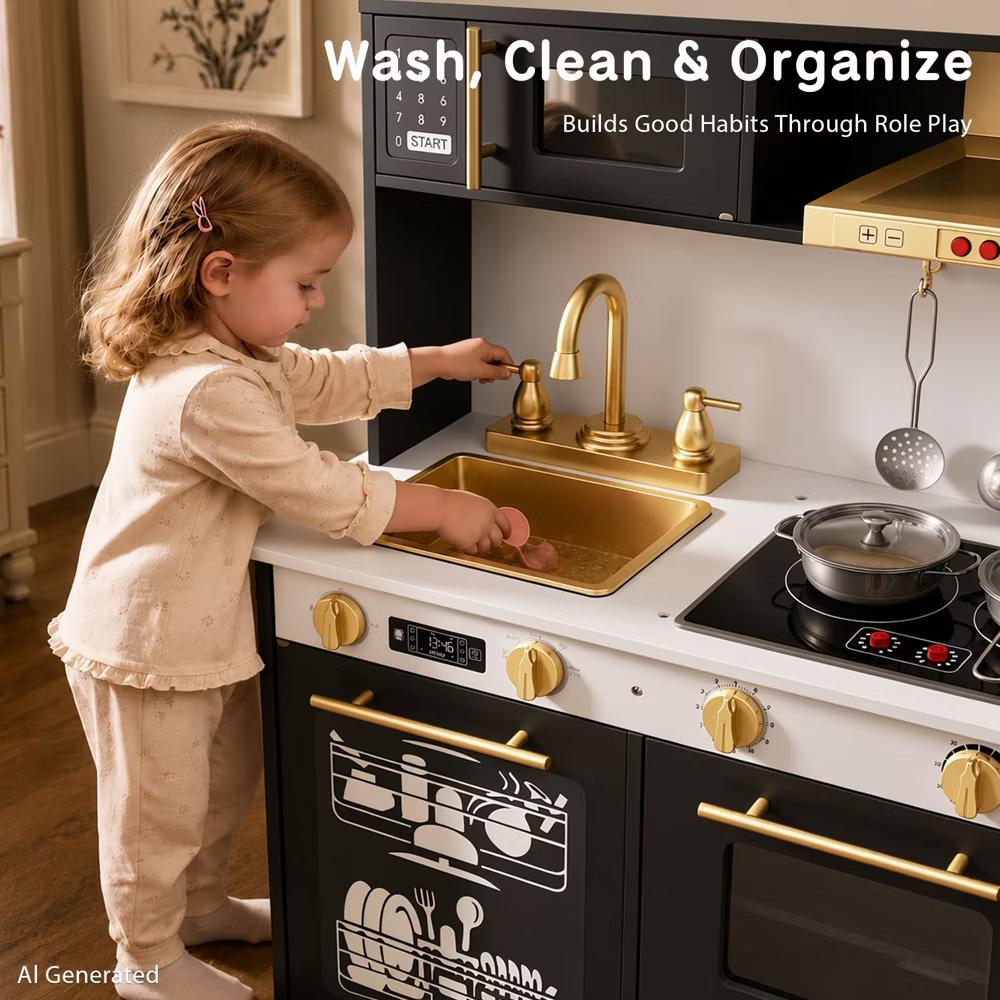 Wooden Play Kitchen for Kids with Running Water Sink, Interactive Stove, Ice Maker, Microwave, Oven & Dishwasher, Ages 3+ - Image 18