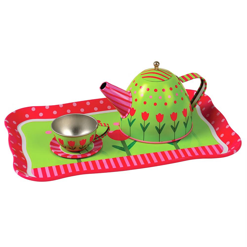 Constructive Playthings Take-Along Tin Tea Set – 20-Piece Kids Tea Party Set with Tray, Teapot & Carry Case for Ages 3+ - Image 2
