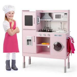 Kids Pretend Kitchen Play Set Toddler Toy Wooden Chef Height Adjustable with Sounds