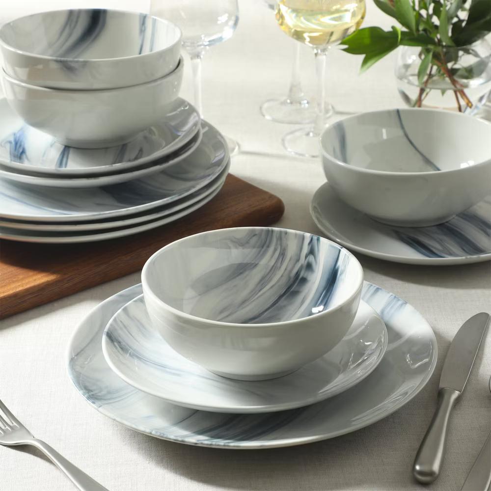 Cloudlight 12 Piece Plates and Bowls Dishes Brown and White - Decorated Porcelain Ceramic Dinnerware Set - Service for 4 - Image 8