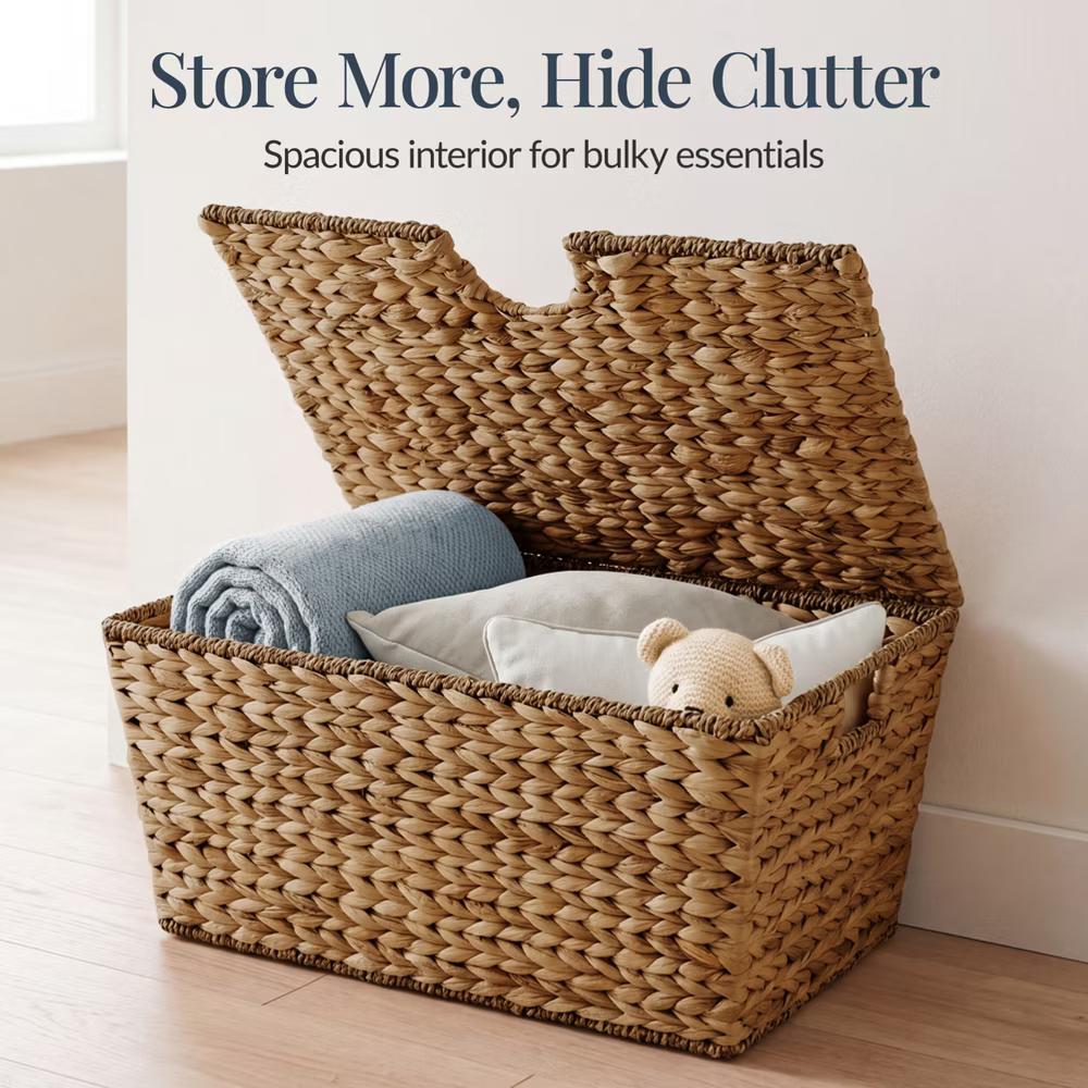 Set of 2 X-Large & Medium Woven Storage Baskets W/Lids, Hyacinth Nesting Organizer Bins - Natural - Image 13