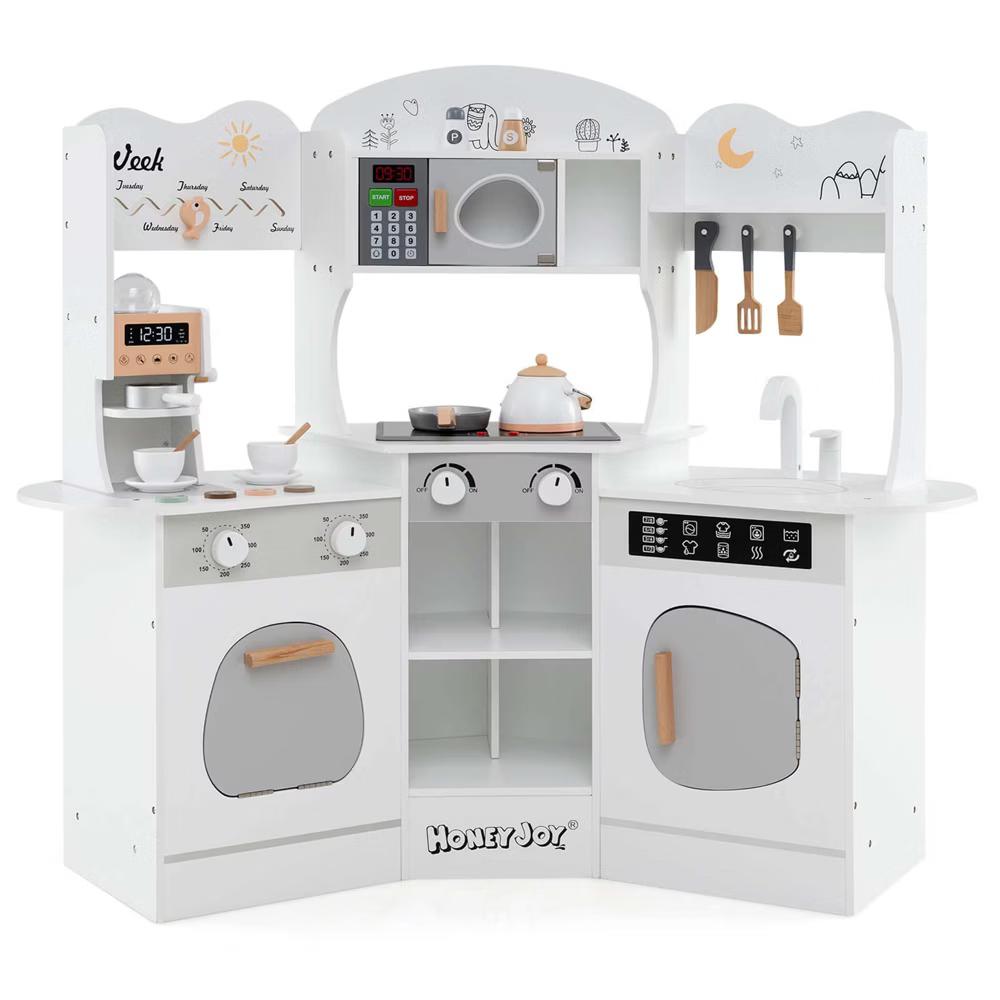 Corner Kitchen Playset with Coffee Machine Oven Microwave Washing Machine White/Brown/Pink - Image 29