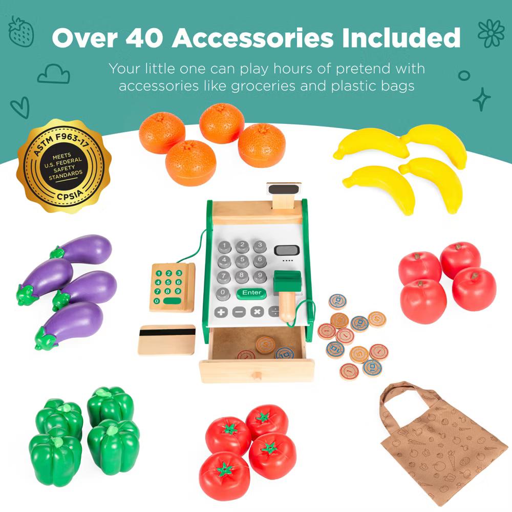 Kids Pretend Play Grocery Store Wooden Supermarket Set w/ Chalkboard, Cash Register - Red - Image 2