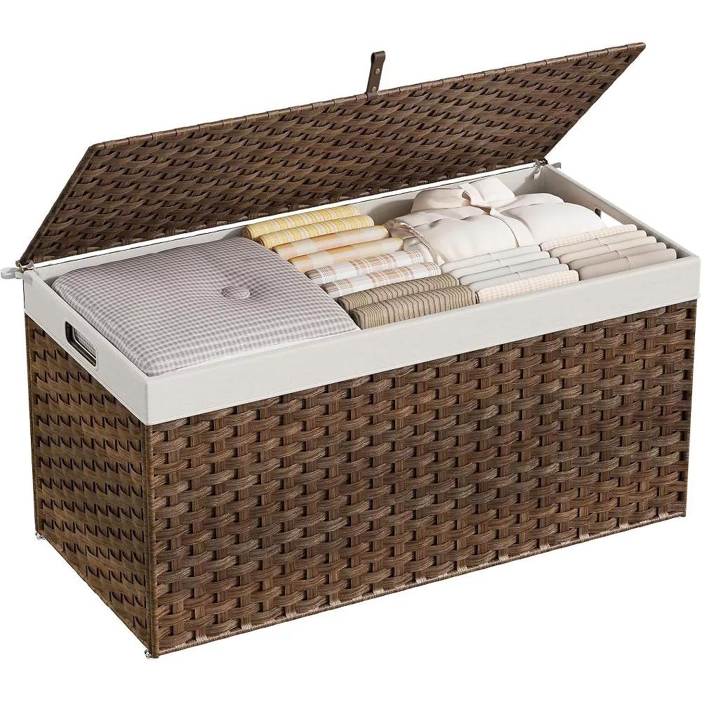 ACOINEL 52.8 Gallon (200L) Storage Basket with Lid, Handwoven Wicker Blanket Basket with Handles, Foldable Laundry Basket - Image 8