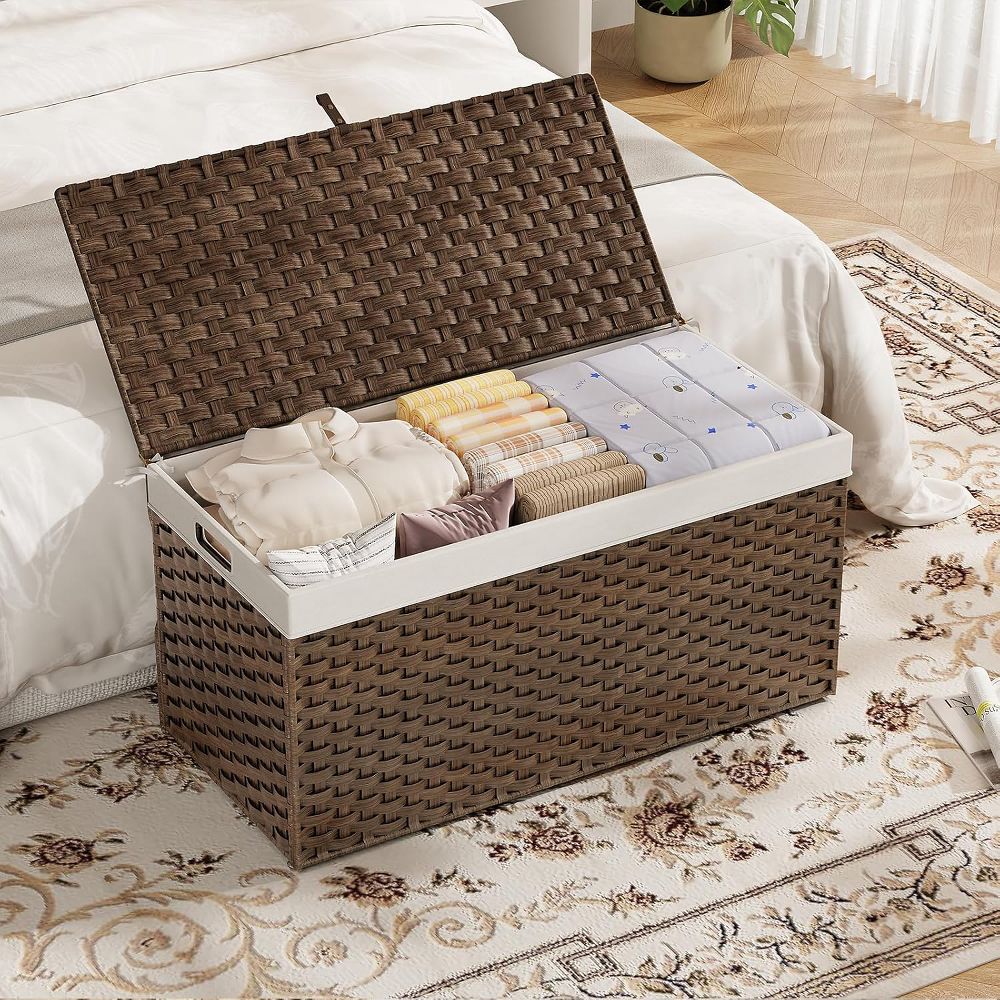 ACOINEL 52.8 Gallon (200L) Storage Basket with Lid, Handwoven Wicker Blanket Basket with Handles, Foldable Laundry Basket - Image 5