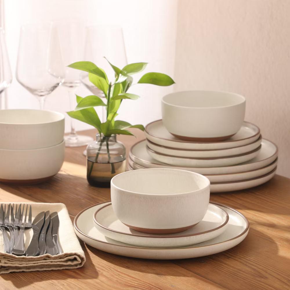 Abbey Circle 12 Piece (Service for 4) Plates and Bowls Reactive Matte Glaze Dishes Stoneware Ceramic Dinnerware Set - Image 5