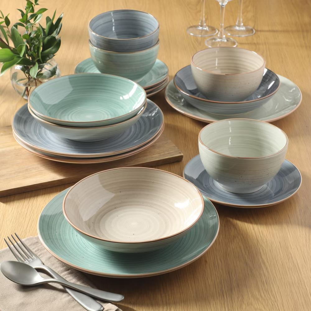 Stonebury 16 Piece Plates and Bowls Assorted Color Dishes - Handpainted Stoneware Dinnerware Set - Service for 4 - Image 3