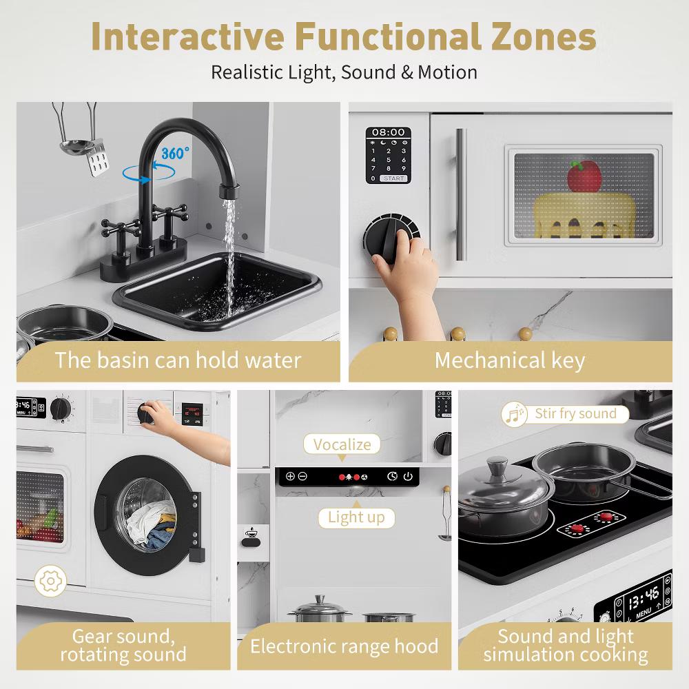 Wooden Play Kitchen for Kids, Wooden Kids Play Kitchen Playset with Lights Sounds, Toddler Pretend Cooking Set with Toy Food Cookware Accessories - Image 6