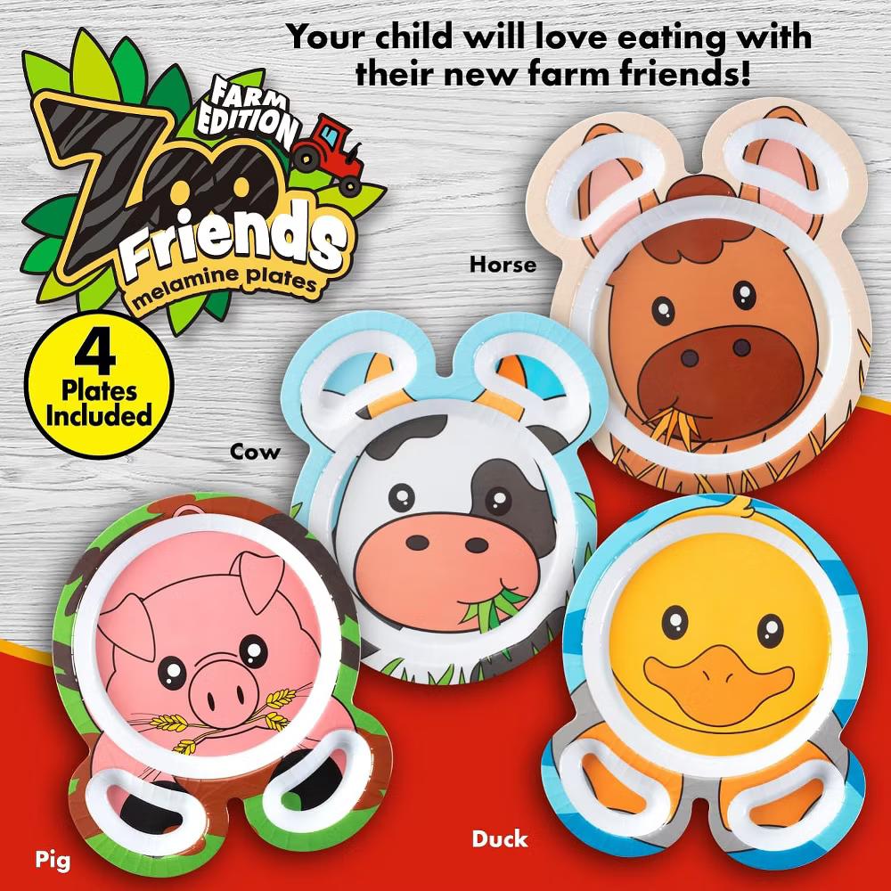 Bentology Farm Friends Mealtime Feeding Plates - Set of 4 Unique Cute Zoo Animal Pal Dishes for Kids - Compartments for Easy Grabbing, Dishwasher Safe - Image 2