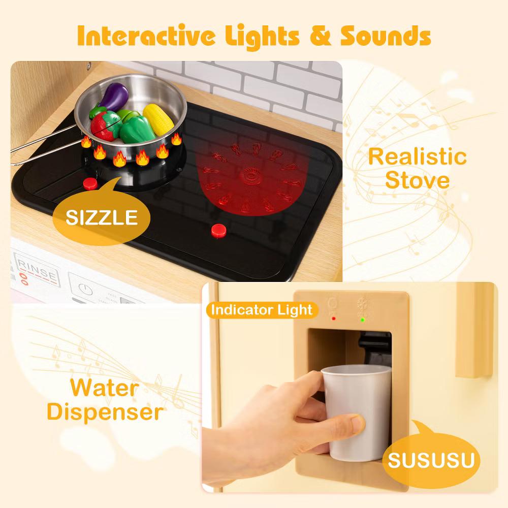 Wooden Kids Kitchen Playset Pretend Play Kitchen with Real Sounds Lights Pink/Yellow - Image 16