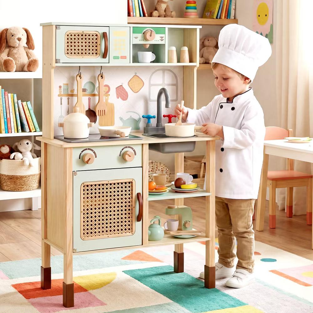 Kids Play Kitchen Wooden Pretend Kitchen Playset w/ Rattan Doors Wood Legs - Image 2