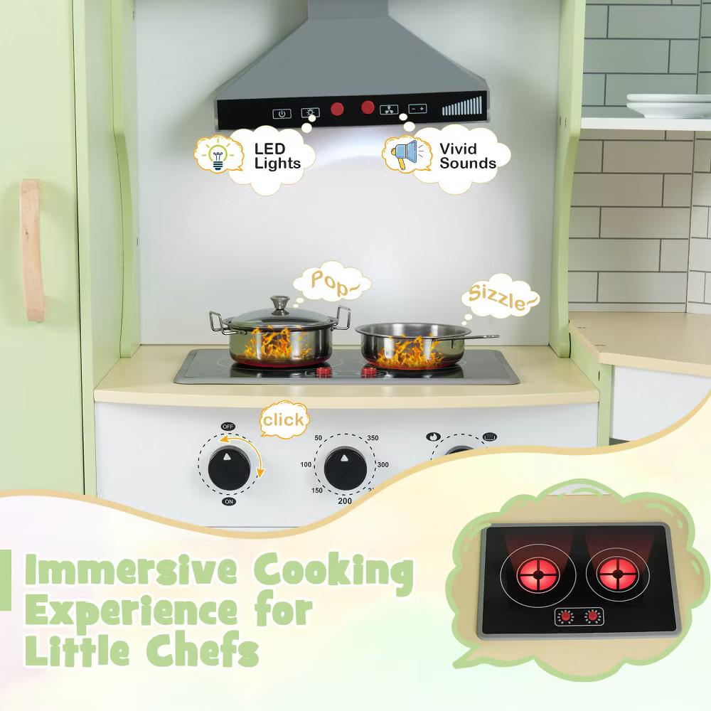Corner Play Kitchen Toddler Kitchen Playset with Range Hood, Ice Maker, Microwave White/Pink - Image 16