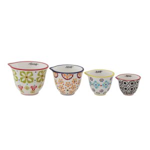 Storied Home Floral Hand Stamped Stoneware Measuring Cups (Set of 4 Sizes/Designs)