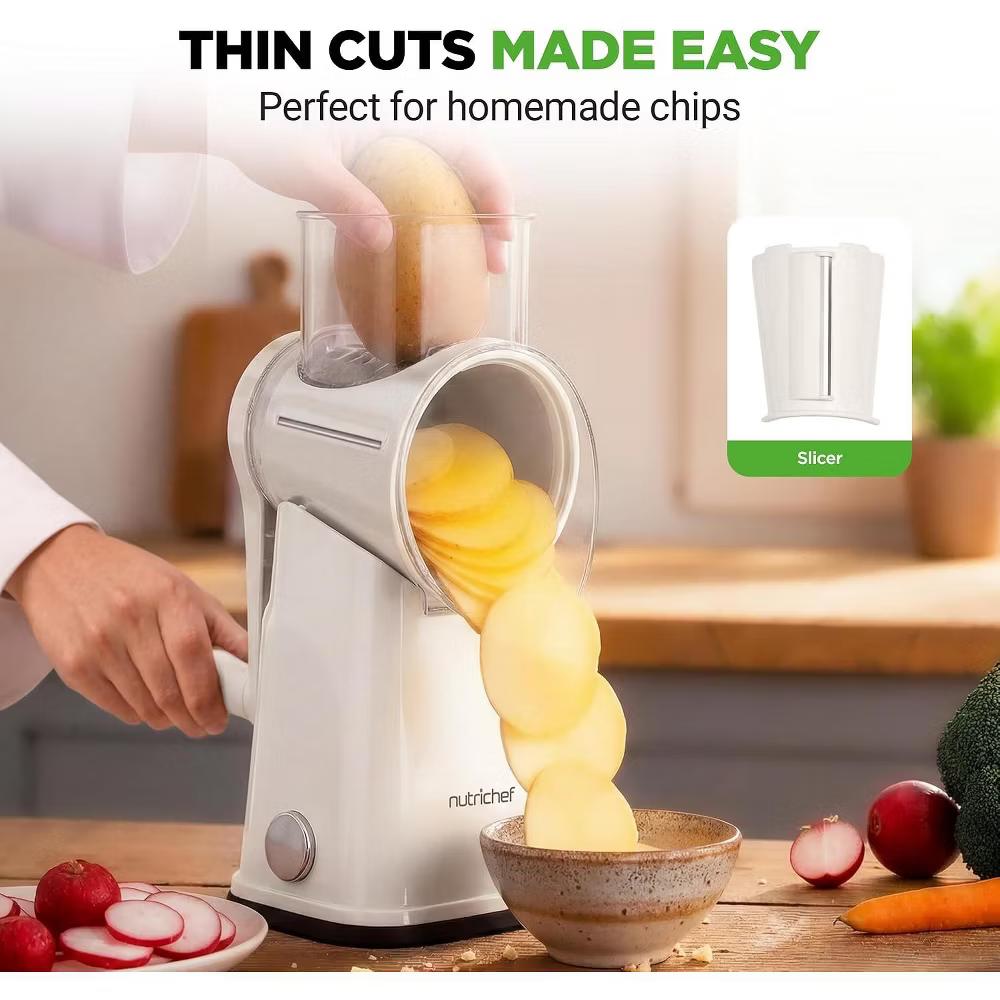 NutriChef 5-in-1 Cheese Grater & Shredder – Hand Crank, 5 Blades, Suction Base & Storage Container - Image 6