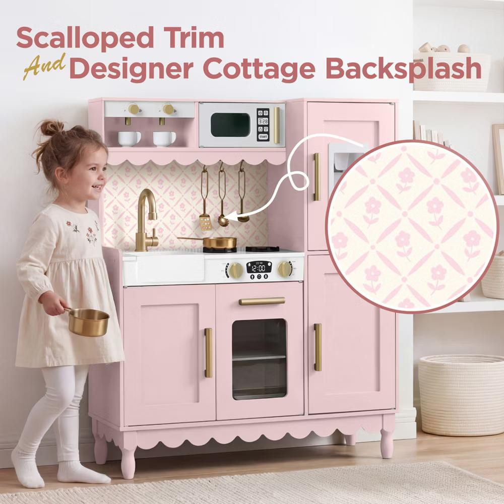 Wooden Cottage Kids Pretend Play Kitchen with 11 Accessories, Espresso Machine - Pink - Image 21