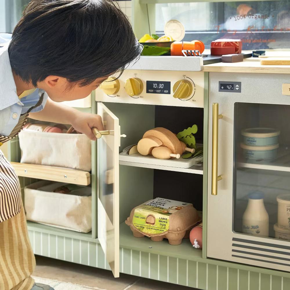 BistroSwitch Wooden Play Kitchen & Pretend Restaurant, Kids Kitchen Playset with Chef Hat & Storage - Image 10