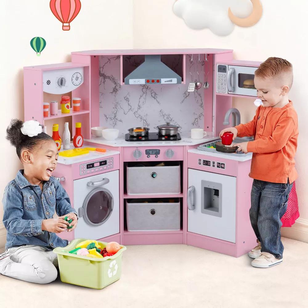Wooden Kids Play Corner Kitchen with Realistic Lights & Sounds Lighted Range Hood Brown/Grey - Image 22