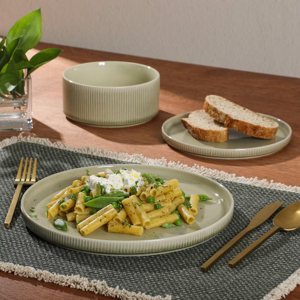 Solana Coast 12 Piece Stoneware Reactive Glaze (Service for 4) Ceramic Plates and Bowls Modern Shape Embossed Dinnerware Set - Image 8