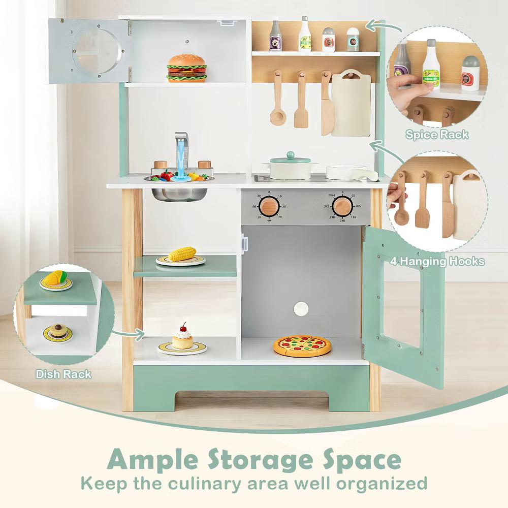 Play Kitchen with Chalkboard Microwave Stove Dish Rack Faucet Sink Accessories White + Natural/Blue/Green + White - Image 7