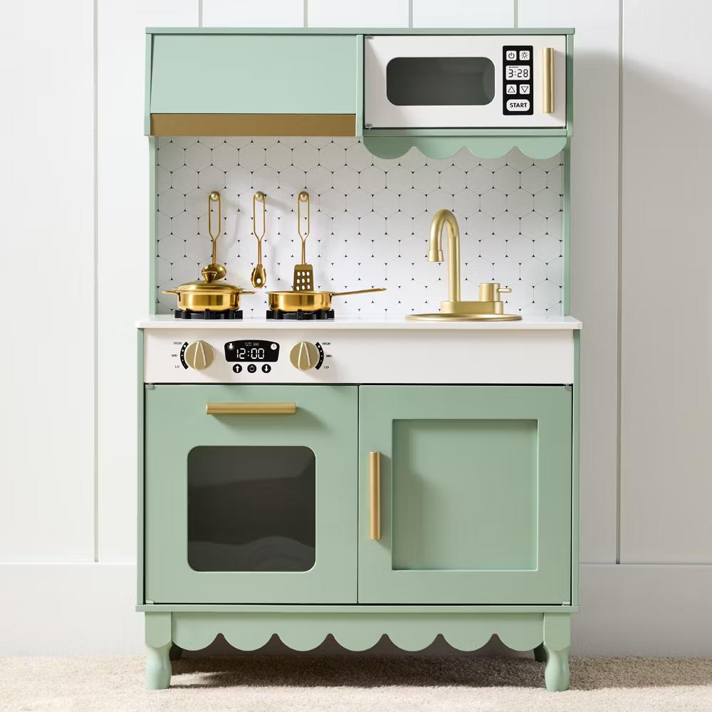 Wooden Cottage Kids Pretend Play Kitchen with 5 Accessories and Toy Storage - White - Image 56