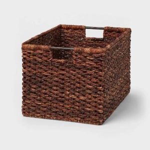 XL Woven Abaca Basket - Handwoven Storage, Lacquered Finish, Rectangle Floor Crate, 22"x15"x13"