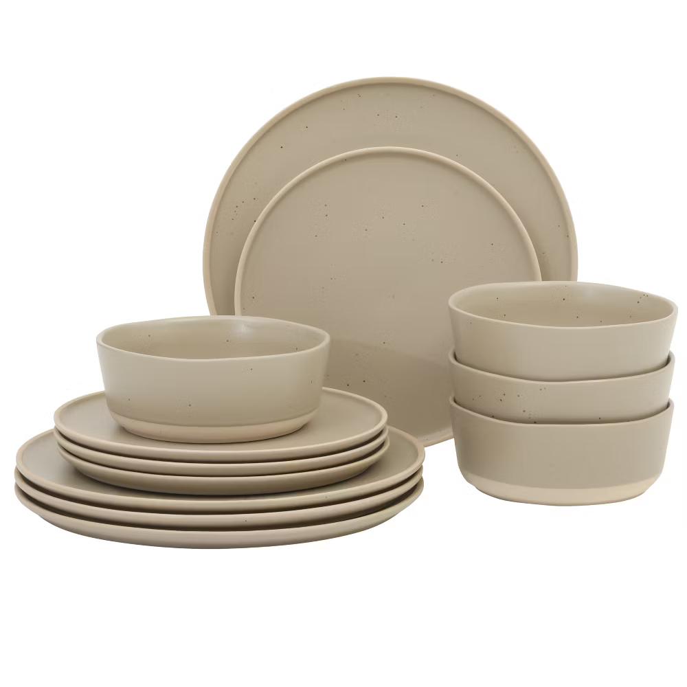 Abbey Circle 12 PiecePlates and Bowls (Service for 4) Reactive Matte Glaze Dishes Stoneware Ceramic Dinnerware Set - Image 12