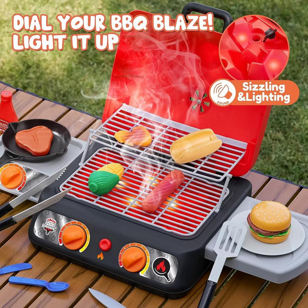 BBQ Grill Playset with Light, Sound,Food, Kitchen Toy Set,Indoor Outdoor Pretend Play Toy Birthday Gift for Kids Toddlers 3 4 5 6 7 8 Years Old - Image 2