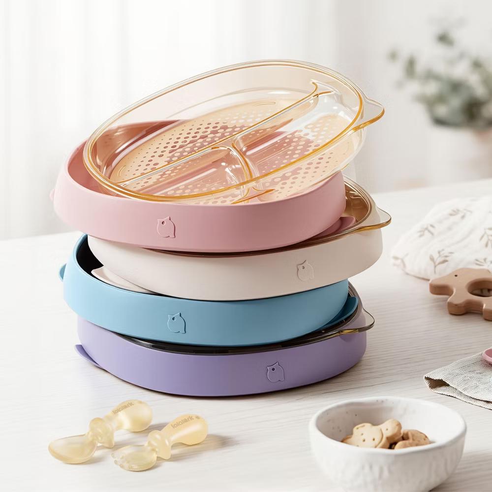 4 PCS Toddler Plates with Suction Base Spoons & Fork Baby Divided Dishes for 0 1 2 3 Years Old PPSU & Food Grade Silicone BPA Free Oat Milk - Image 2