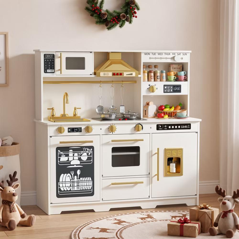 Wooden Play Kitchen for Kids with Running Water Sink, Interactive Stove, Ice Maker, Microwave, Oven & Dishwasher, Ages 3+ - Image 66