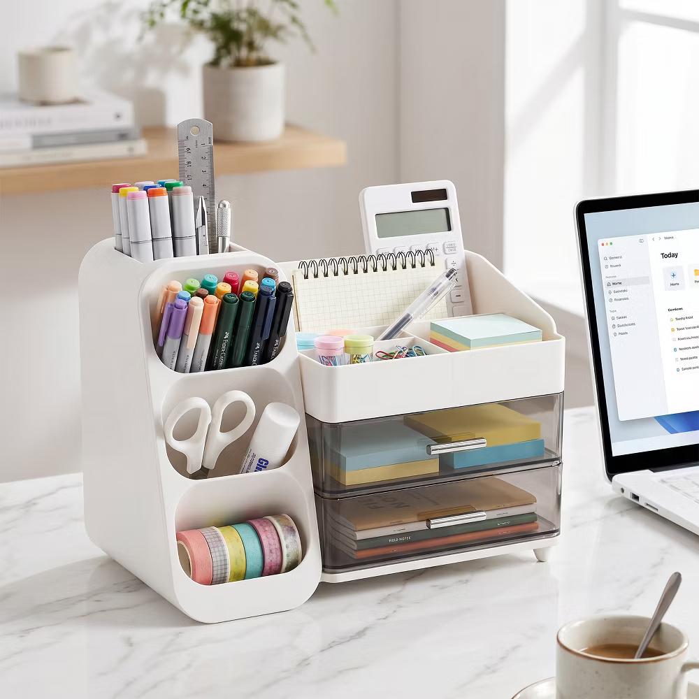 Desktop Organizer with Pen Holder, Multi-Grid Stationary Storage Caddy with 2 Clear Drawers for Office Supplies & Makeup - Image 13