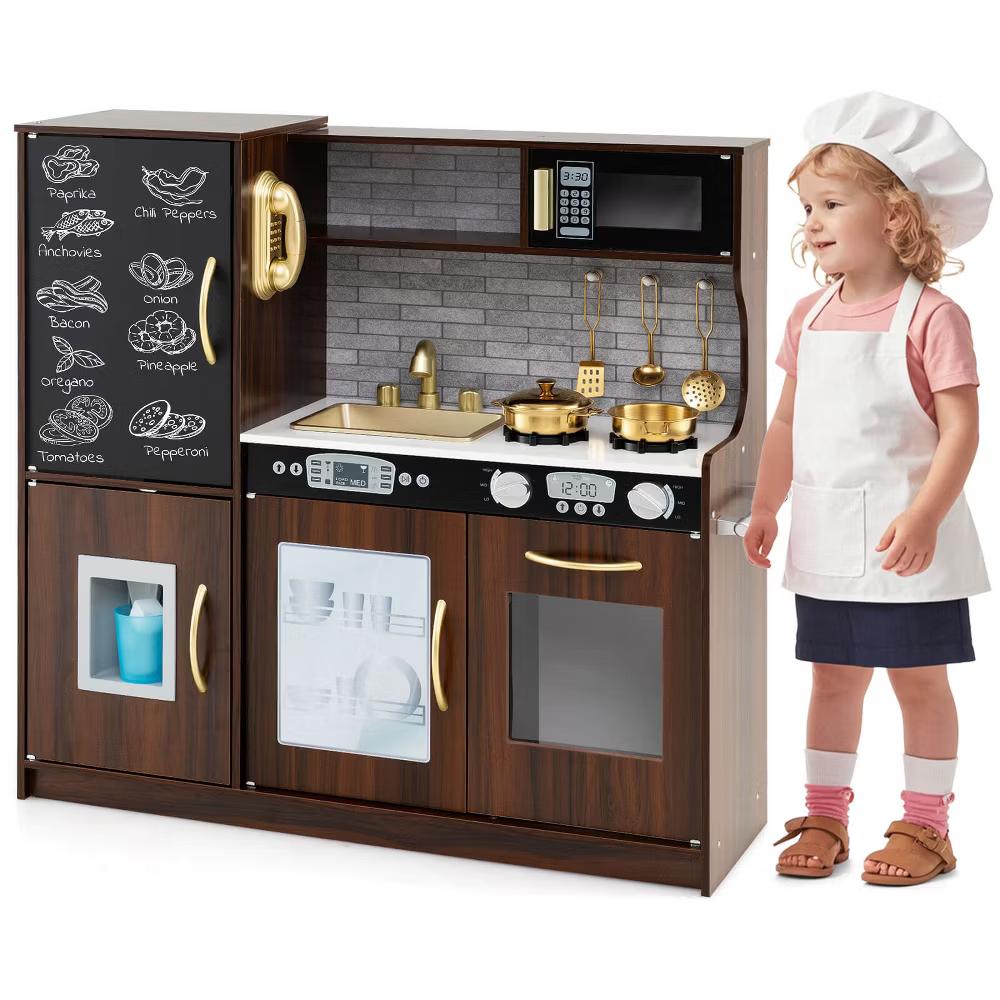 Kid's Pretend Play Kitchen Toddler Kitchen Playset with Blackboard Pink/White/Light Pink/Beige - Image 25