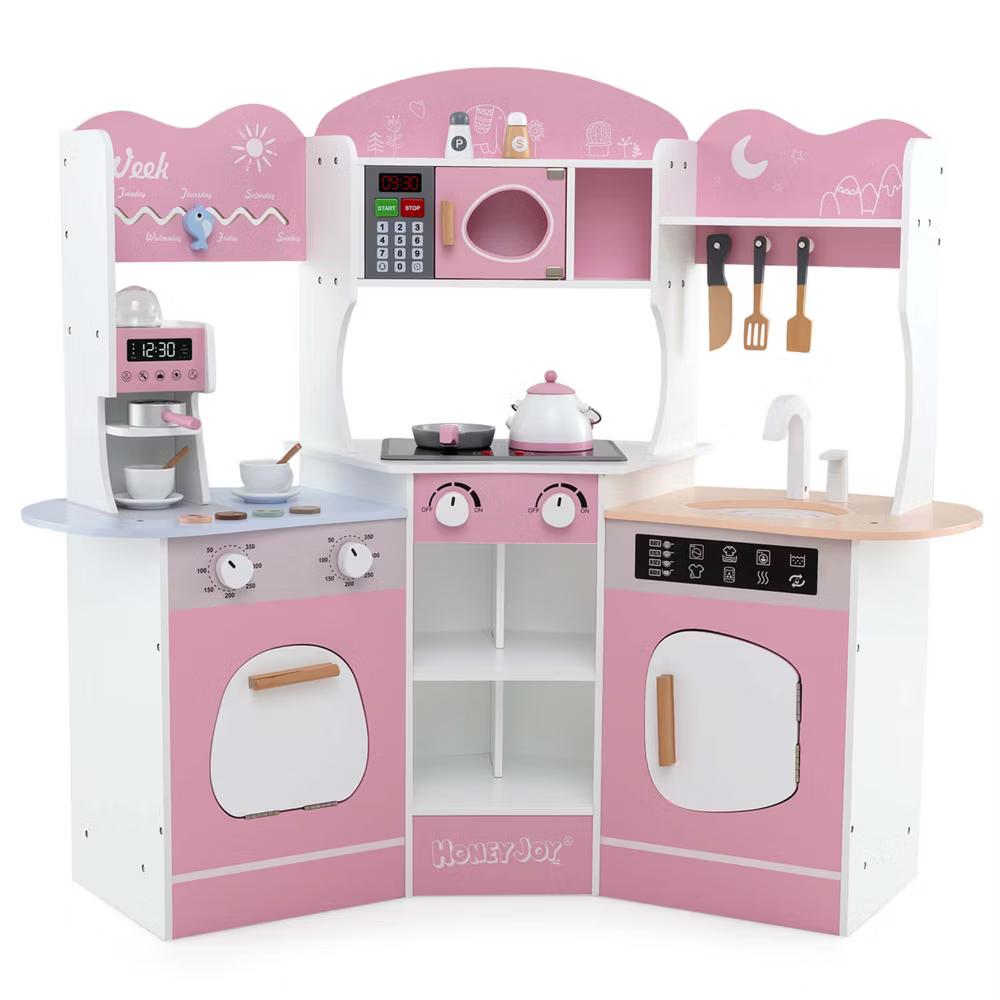 Corner Kitchen Playset with Coffee Machine Oven Microwave Washing Machine White/Brown/Pink - Image 14