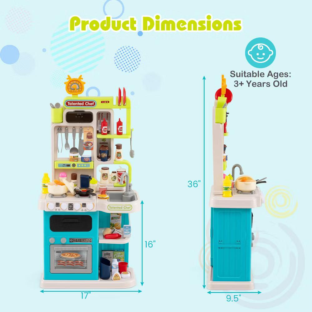 Kids Kitchen Playset with Realistic Sounds Lights Play Sink 95 PCS Accessories Blue/Pink - Image 10