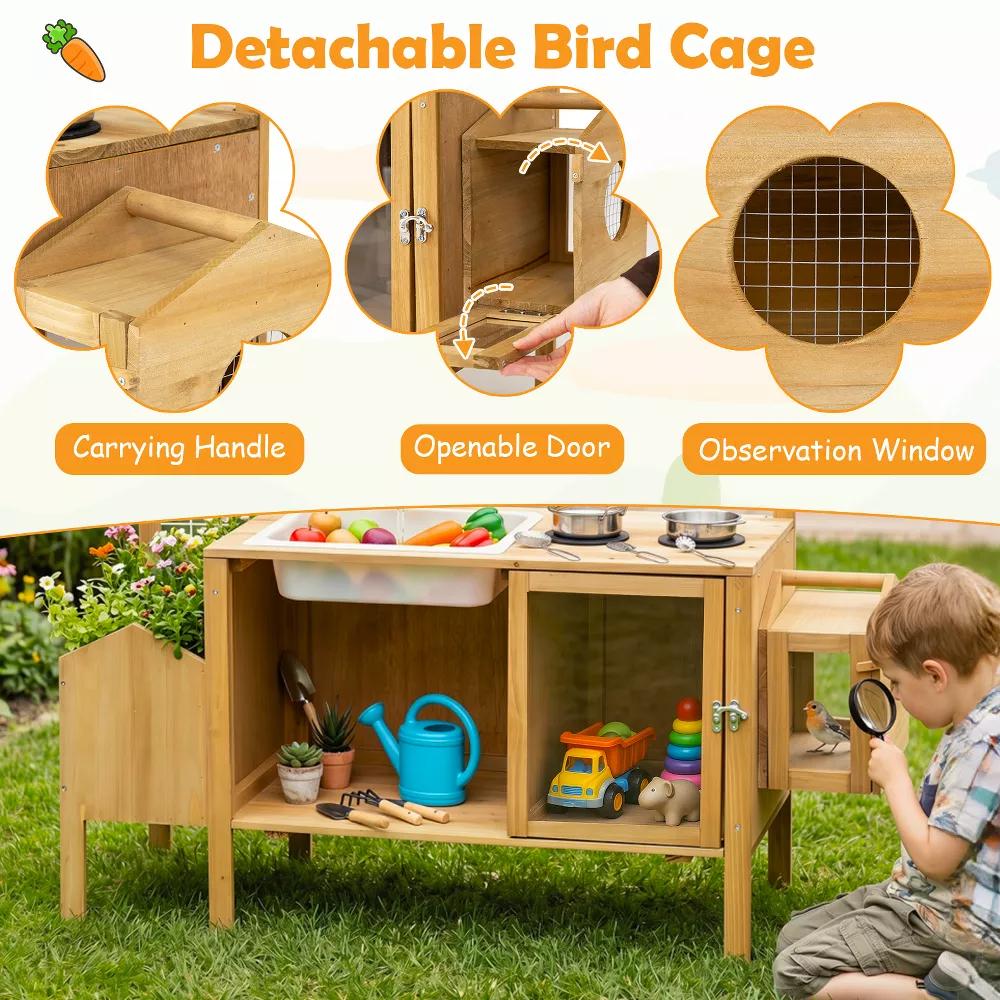 Mud Kitchen for Kids, Pretend Play Kitchen with Detachable Bird Cage,Trellis - Image 2