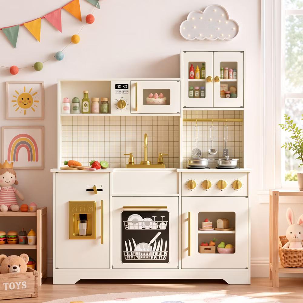 Wooden Play Kitchen with Running Water Sink, Clicking Stove Knobs, Microwave, Oven, Ice Maker & Storage, Ages 3+ - Image 6