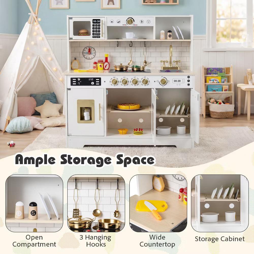 Play Kitchen for Kids, Wooden Kitchen Playset with Realistic Lights & Sounds White/Black - Image 13