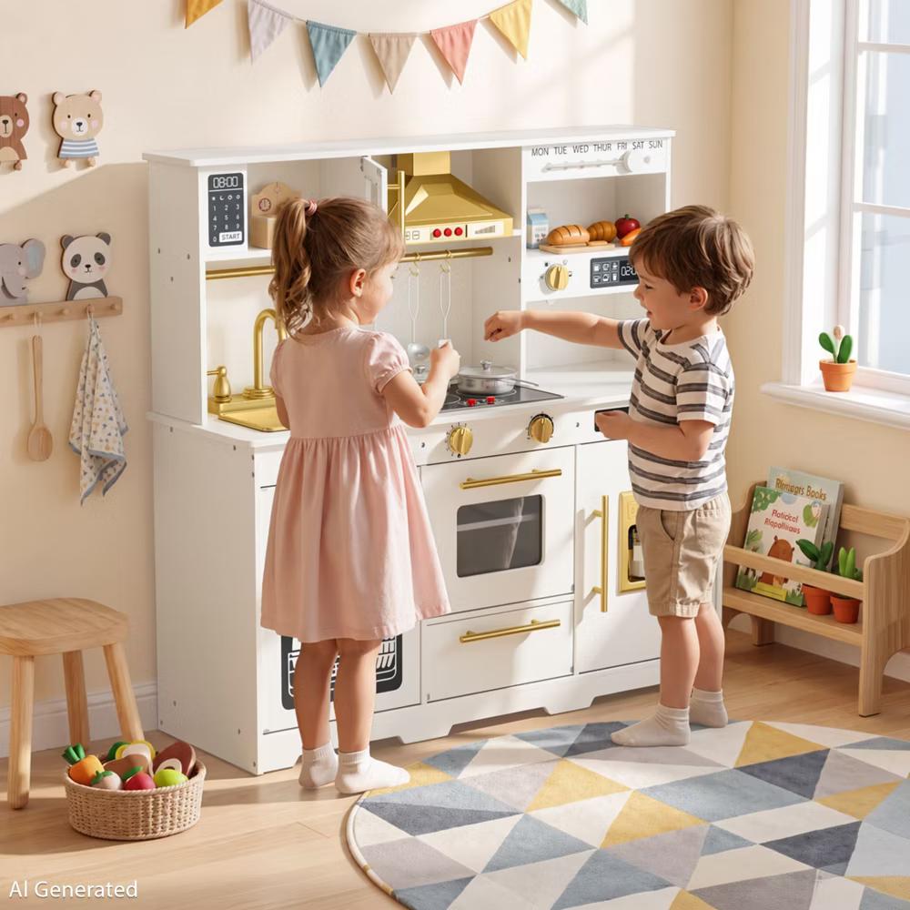 Wooden Play Kitchen for Kids with Running Water Sink, Interactive Stove, Ice Maker, Microwave, Oven & Dishwasher, Ages 3+ - Image 67