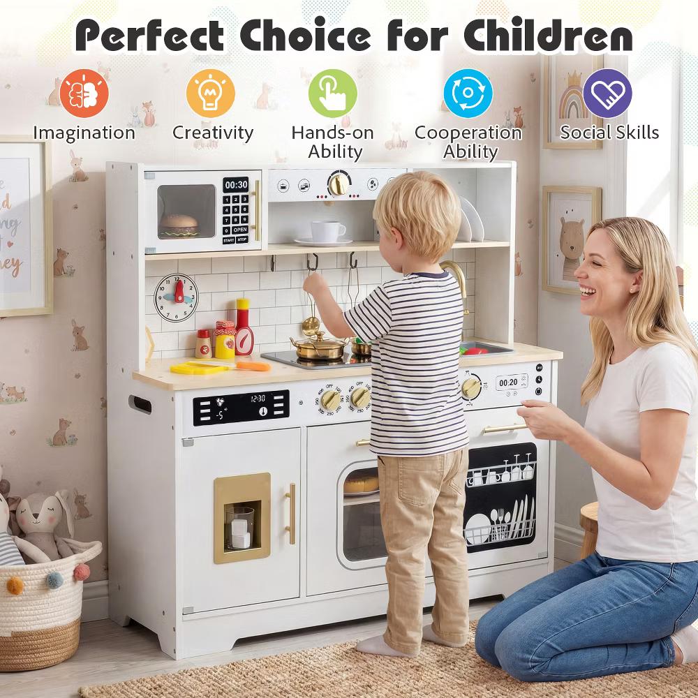 Play Kitchen for Kids, Wooden Kitchen Playset with Realistic Lights & Sounds White/Black - Image 11