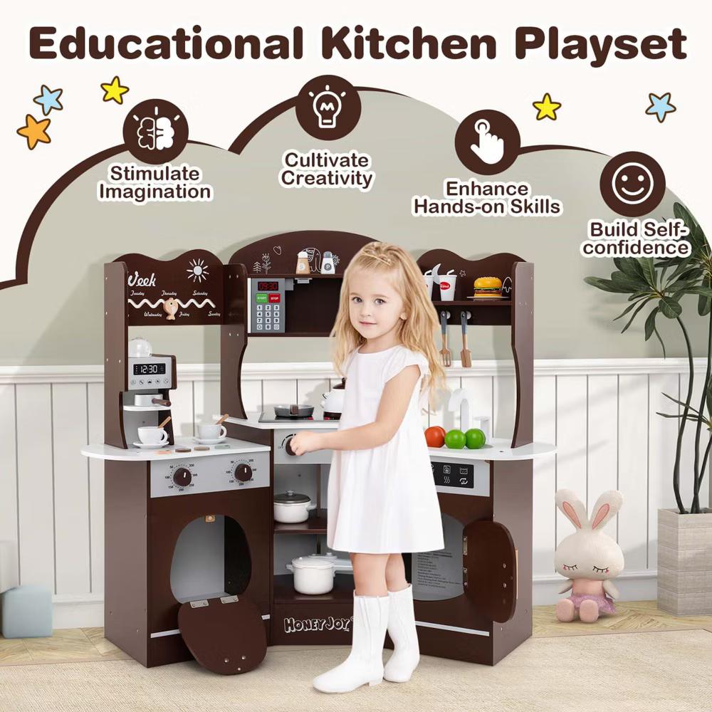 Corner Kitchen Playset with Coffee Machine Oven Microwave Washing Machine White/Brown/Pink - Image 3