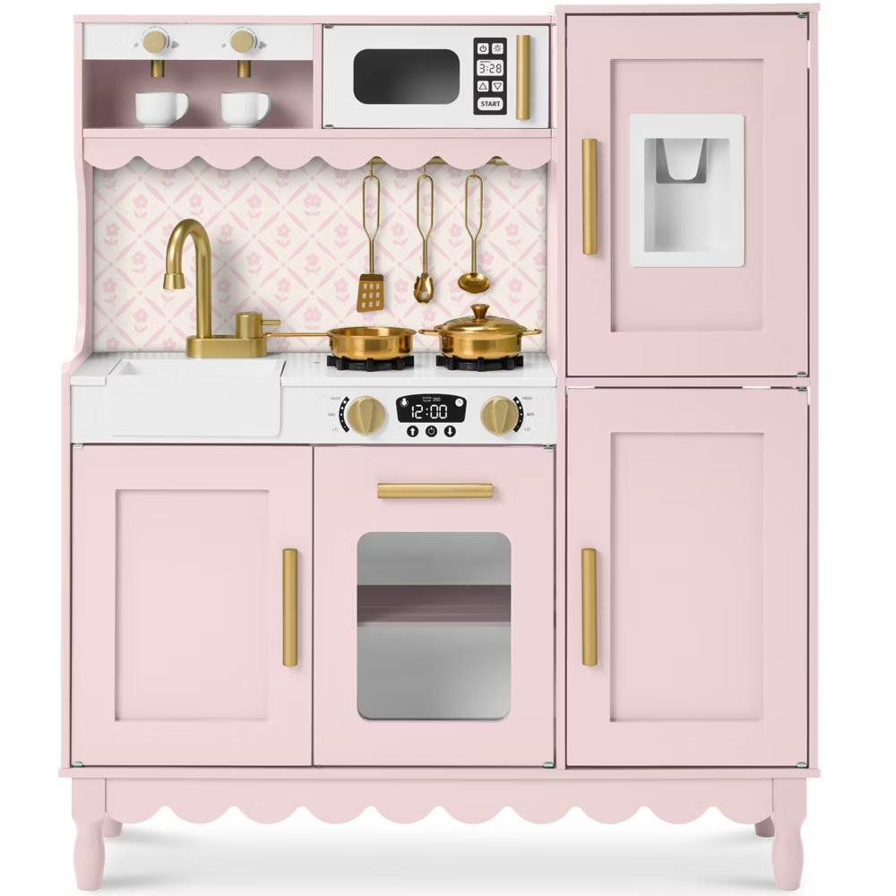 Wooden Cottage Kids Pretend Play Kitchen with 11 Accessories, Espresso Machine - Pink - Image 23