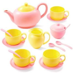 18 PCS Kids Tea Party Set, Pink Pretend Play Tea Set with Teapot Cups Saucers, Plastic Kitchen Toy Birthday Gift for Toddlers Girls Boys Age 3-6