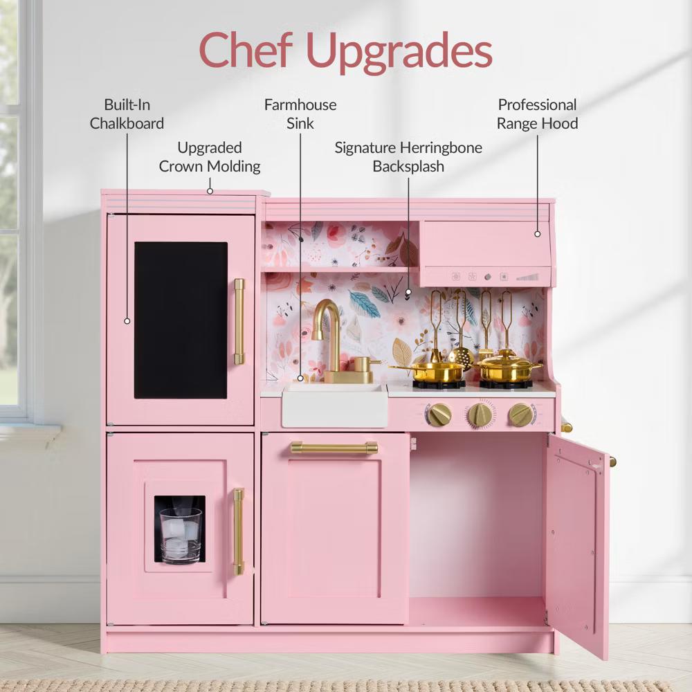 Pretend Play Kitchen with Framed Chalkboard - Pink with Flower Drawing - Image 7