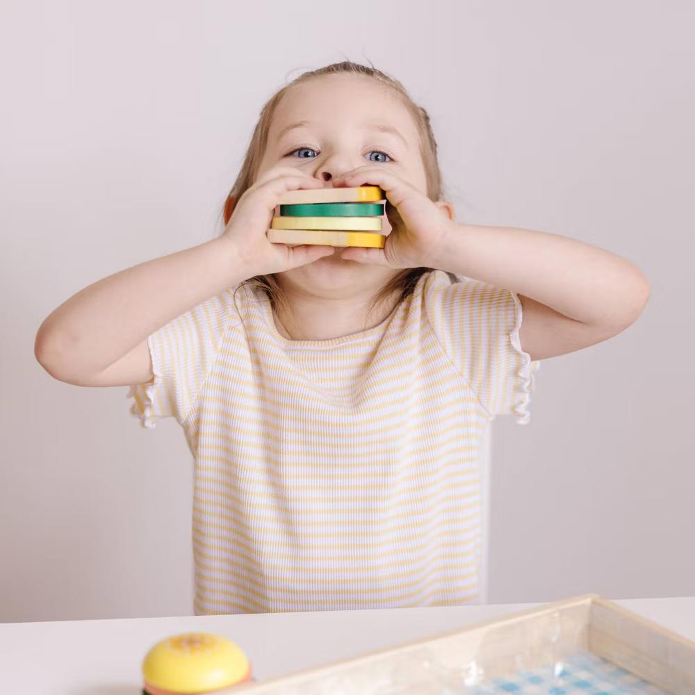 Wooden Sandwich-Making Pretend Play Food Set: Educational Toy with Stackable Pieces & Sound Effects - Image 9
