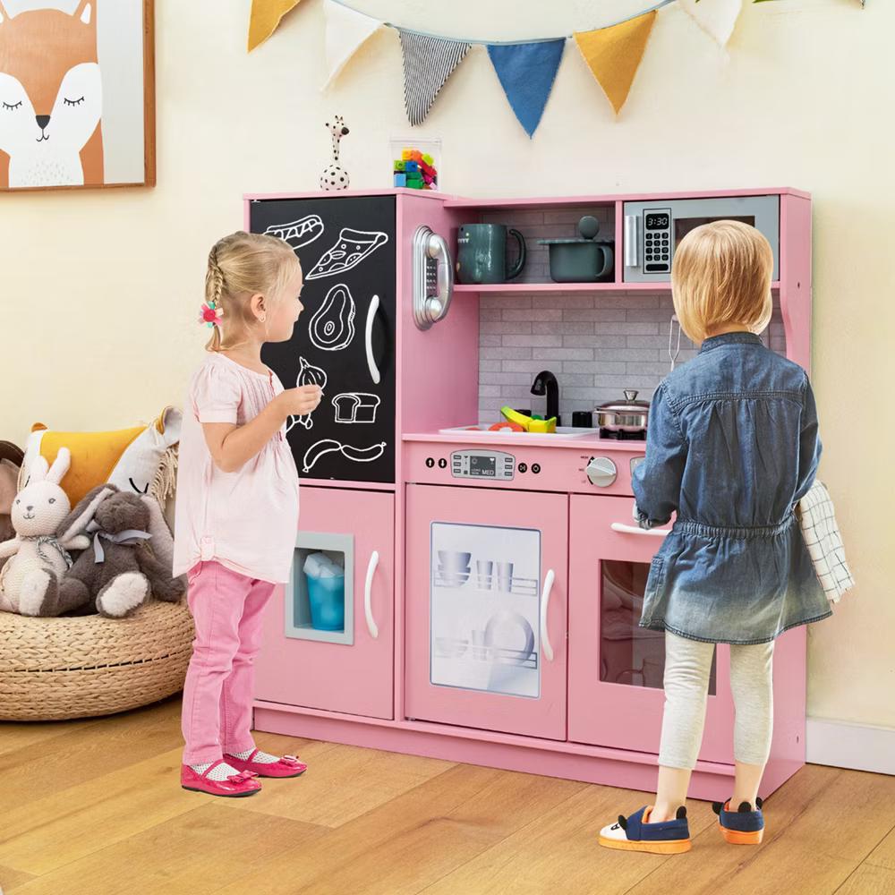 Kid's Pretend Play Kitchen Toddler Kitchen Playset with Blackboard Pink/White/Light Pink/Beige - Image 62