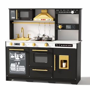 Wooden Play Kitchen for Kids with Running Water Sink, Interactive Stove, Ice Maker, Microwave, Oven & Dishwasher, Ages 3+