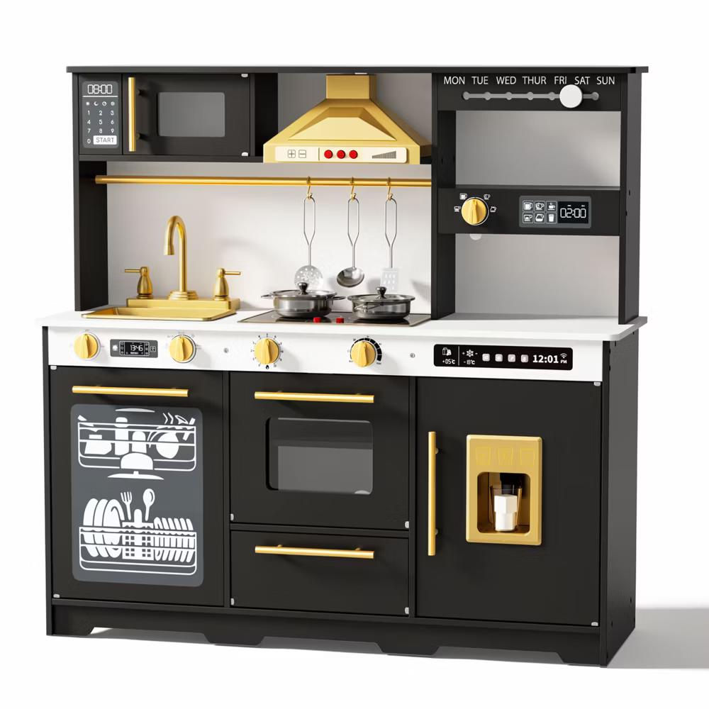 Wooden Play Kitchen for Kids with Running Water Sink, Interactive Stove, Ice Maker, Microwave, Oven & Dishwasher, Ages 3+